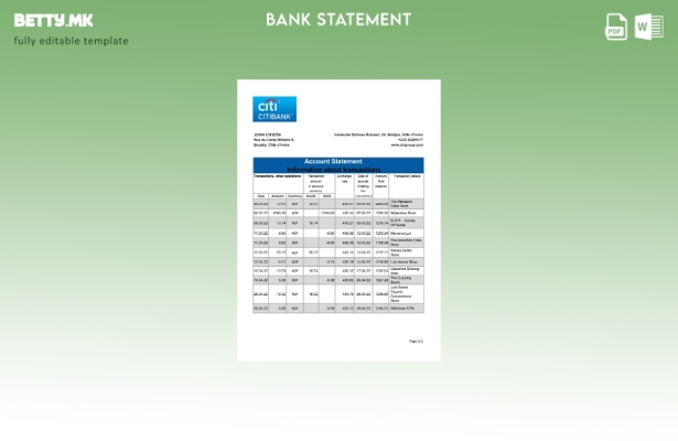Модерен стил, шаблон ексел за извод од банка на Ситибанк на Брегот на Слоновата 